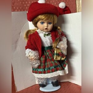 Pair of Red and Green Plaid Dolls Girl and Boy Red Beret